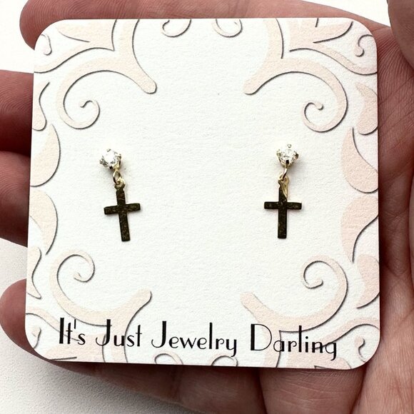 14K Yellow Gold Womens Earrings Pierced Clear CZ Cross Stud Gift Idea for Her - Picture 1 of 3